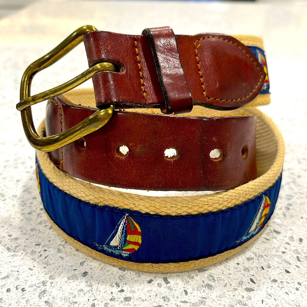 LEATHER MAN Ltd BELT SAILBOAT ESSEX CT SIZE 36 SOLID BRASS BUCKLE CANVAS RIBBON